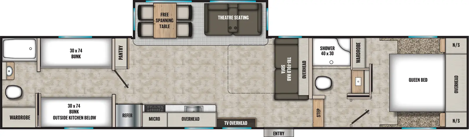 The Chaparral Lite 368TBH floorplan has one entry and one slide out. Exterior features include: fiberglass exterior, 18' awning and outside kitchen. Interiors features include: bunk beds, free-standing dinette option, front bedroom, rear bathroom and two full bathrooms.